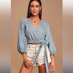 Free People Sophie Light Wash Denim Balloon Sleeve Wrap Crop Top